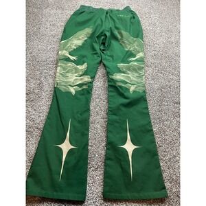 Vieriche Angel Graphic Flare Pants Mens M Green Drawstring Zip Pocket Streetwear